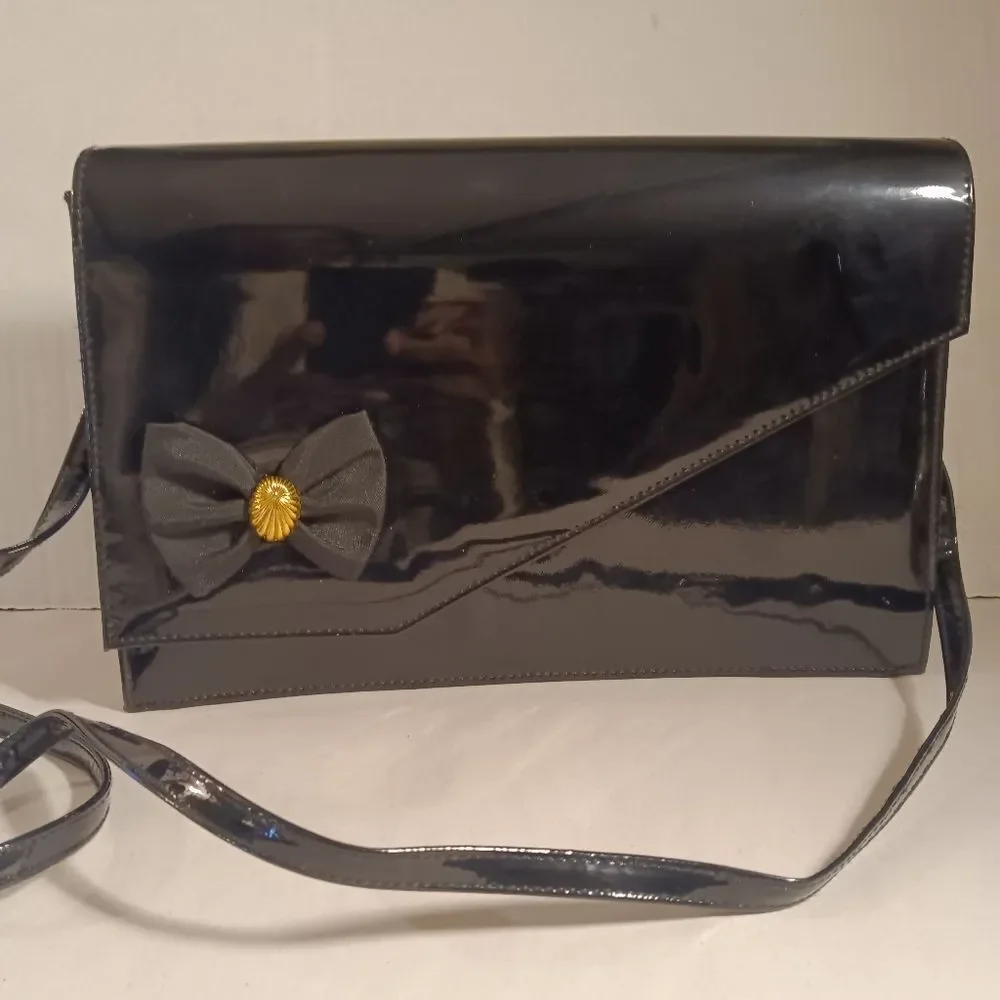 Vintage Black Patent Leather Envelope Clutch with Crossbody Strap